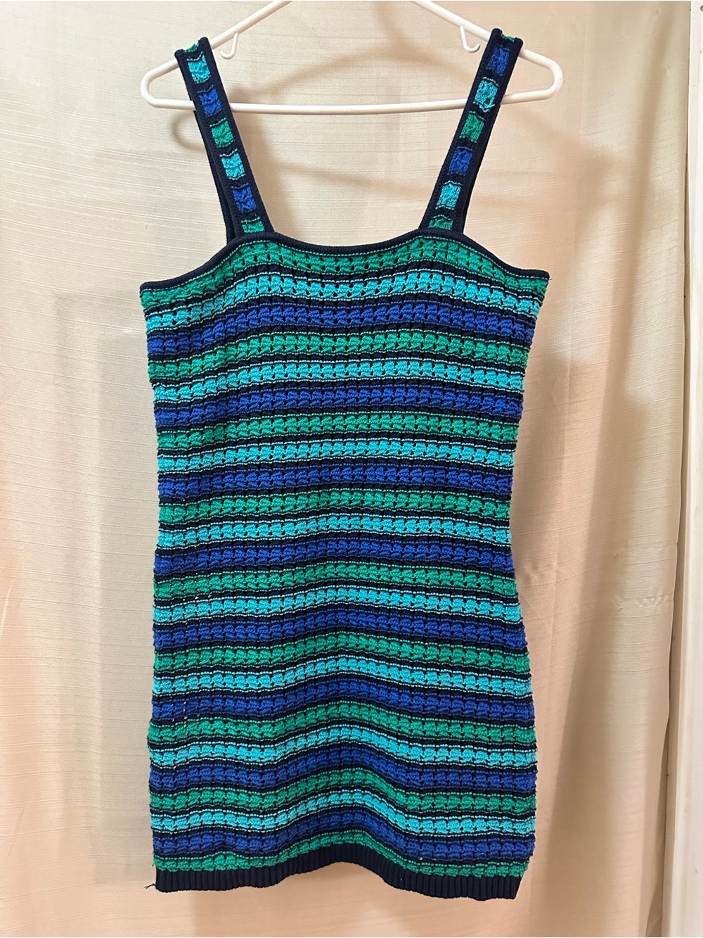 GAP Crochet Knit Tank Dress Blue Green Striped Sleeveless Lined Medium